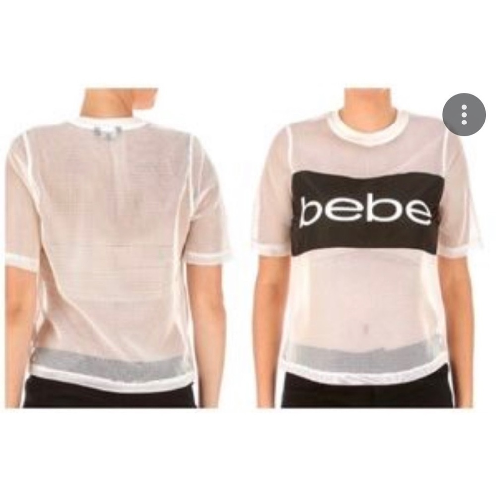 Bebe Sport Mesh See Through Short Sleeve Top 1X White Black Logo Crew Neck.